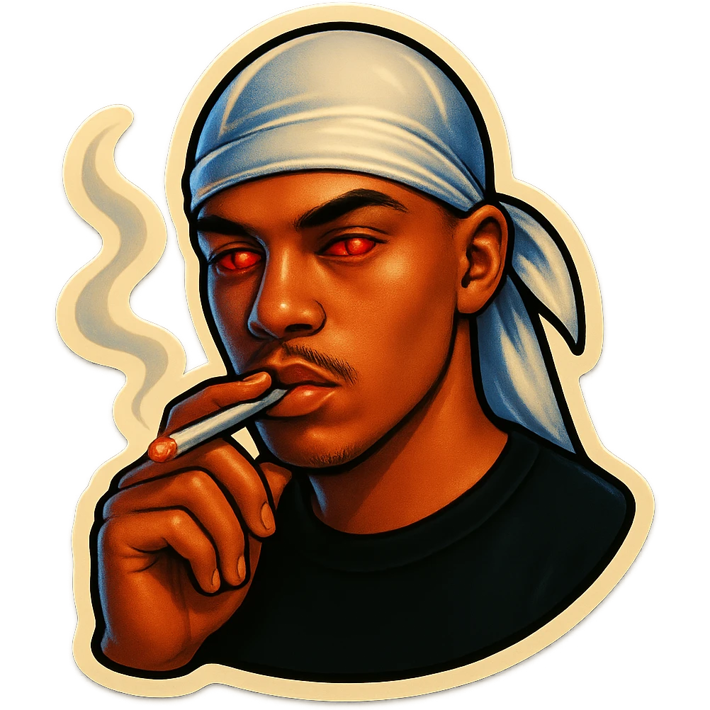 Red eyeds
Smoking
Change His durag To white emoji