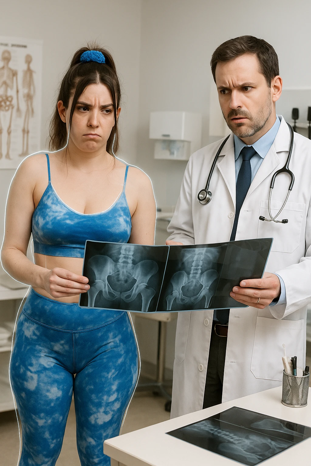 a person sits in a doctor’s office, holding medical imaging results (like X-rays or MRI scans) that appear normal. However, a subtle shadow or ghosted outline around their body reveals postural asymmetries—such as uneven shoulders or hips—that are not visible in the scans. The doctor looks puzzled, while the patient appears frustrated. emoji