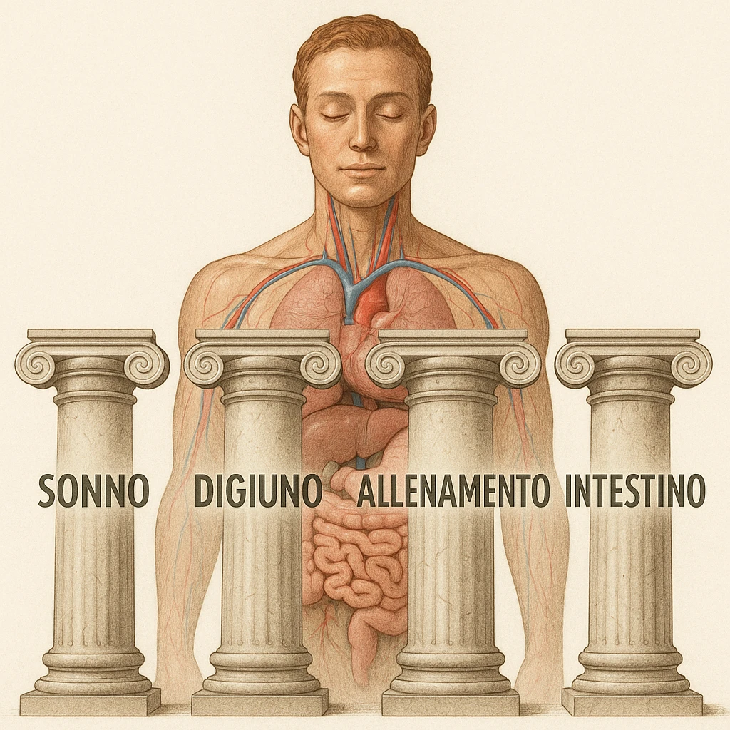 5 pilastri con le scritte "SONNO", "DIGIUNO", "ALLENAMENTO", "INTESTINO", DAVANTI UN CORPO UMANO ANATOMICO CON OCCHI CHIUSI IN SALUTE, SFONDO CHIARO emoji