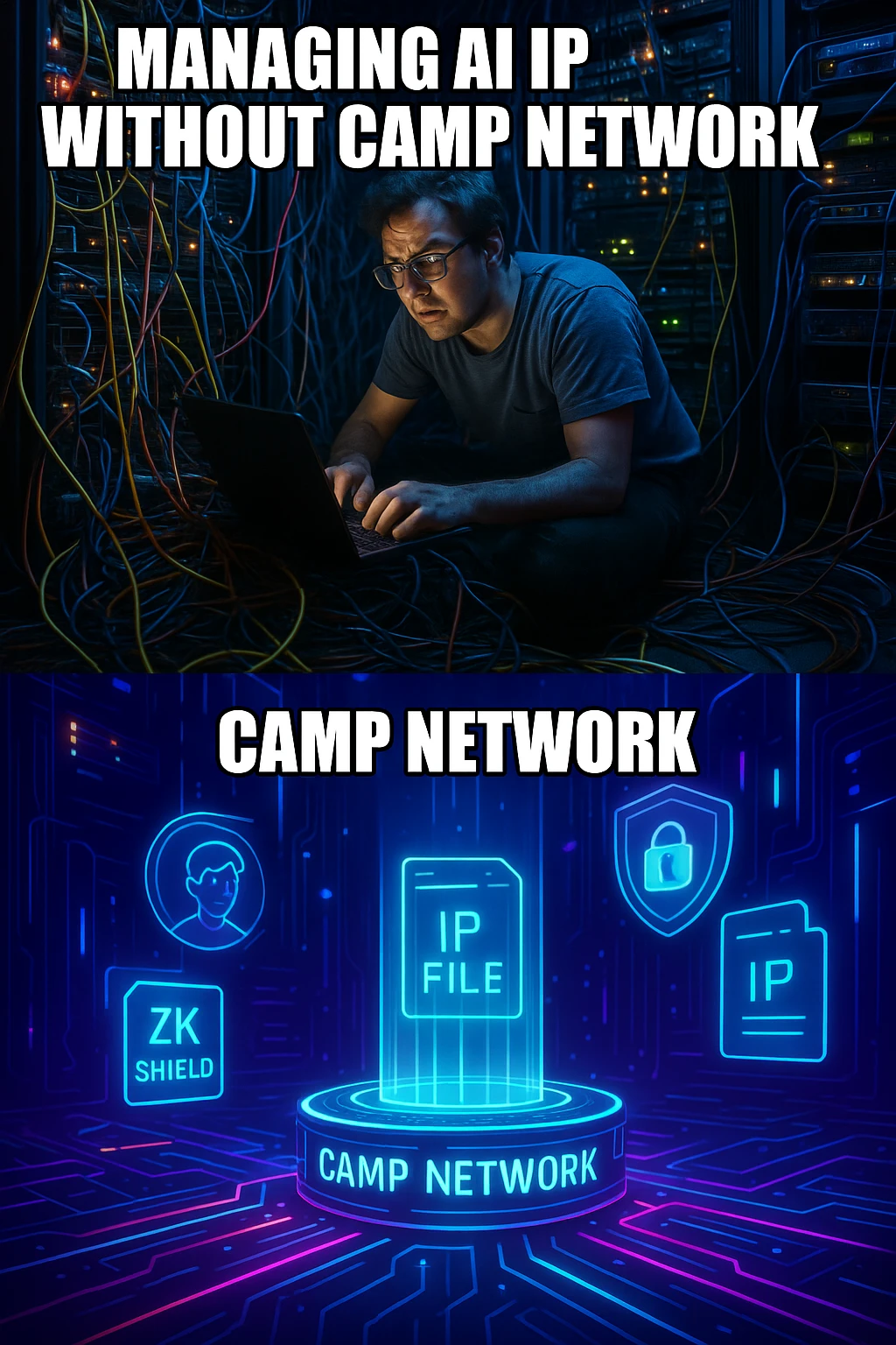 A modern meme layout with two panels. First panel shows a chaotic, overloaded server room labeled 'Managing AI IP without Camp Network.' Second panel shows a sleek, glowing futuristic network hub labeled 'Camp Network' with digital avatars, ZK shields, and IP files floating securely in holograms. Use a bright neon cyber aesthetic, meme-style composition, clear captions in bold white Impact font. emoji