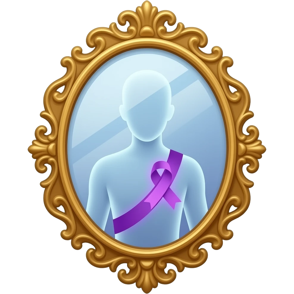 detailed and ornate mirror who reflecting a human silhouette with a glowing purple ribbon on the chest, symbolizing fibromyalgia awareness, soft gradients, subtle sparkle highlights, cute and minimal, transparent background emoji