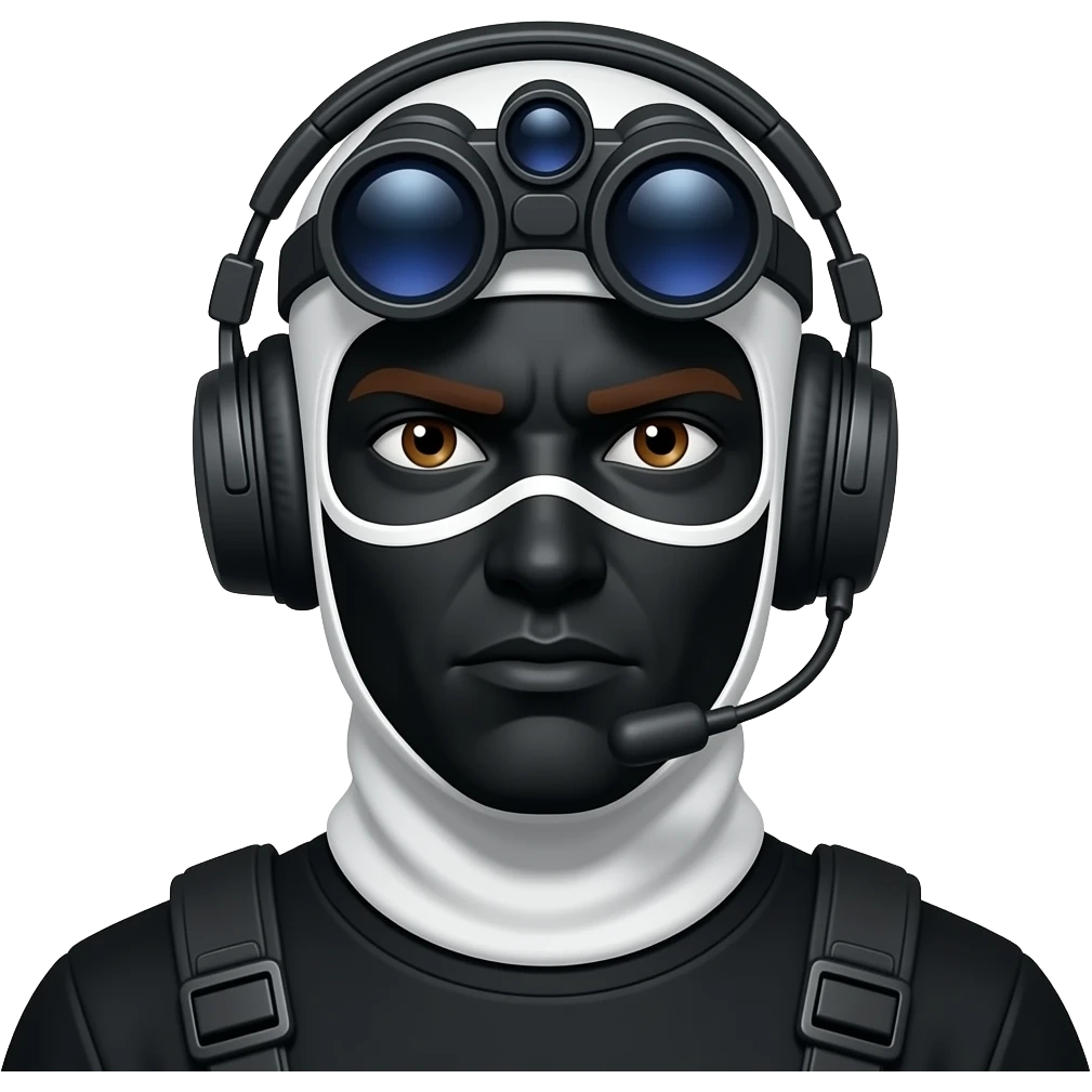 man with brown eyes wearing black clothes, face total painted black and a whiteblack balaclava and wears a headset and a big black night vision device on his headtop emoji