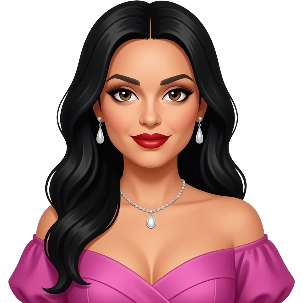 Nicole Scherzinger from The Pussycat Dolls with brown eyes, long black hair, black eyeshadow, red lipstick, pink and purple off shoulder dress, necklace and earrings emoji