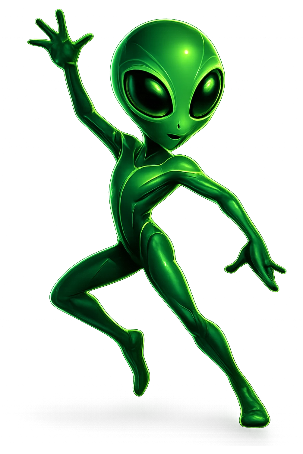 Edit the image of a dancing alien in neon green with large eyes in a futuristic style. Create a new pose. The image should be PNG with a transparent background, highlighting the large eyes and futuristic neon green look. emoji