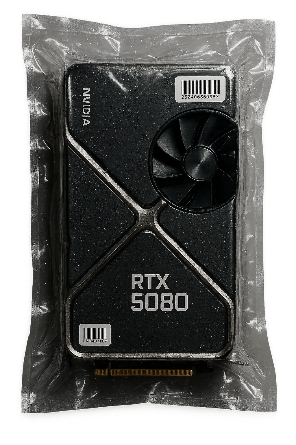 vacuum-sealed graphics card labeled RTX 5080, compressed and shiny emoji