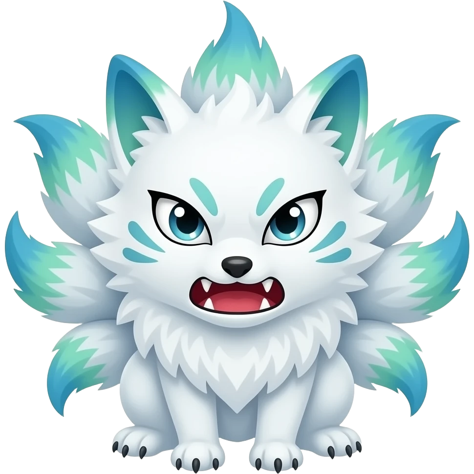 White with patterns blue green ombre tips and paws kitsune nine tails angry with mad comic expressions emoji