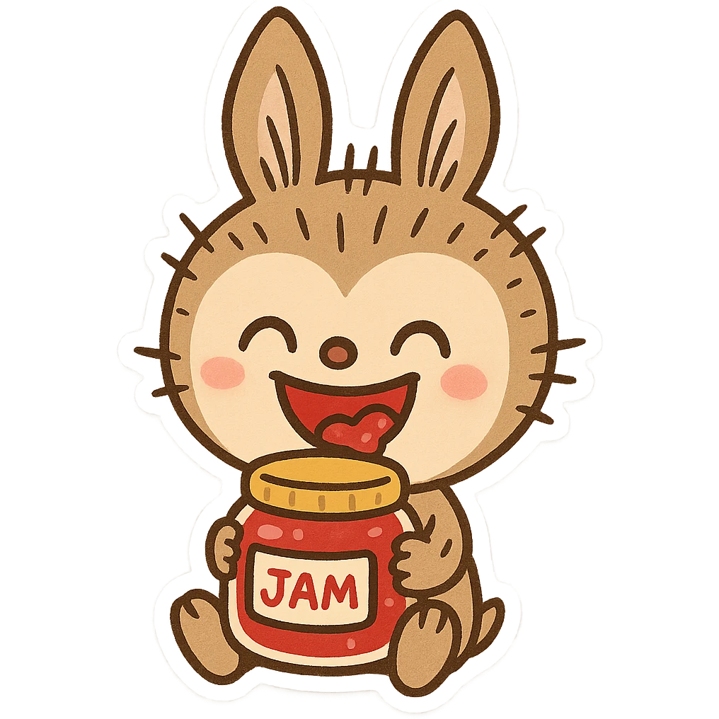 Labubu character eating jam, happy expression, holding a jar of jam, cute cartoon style emoji