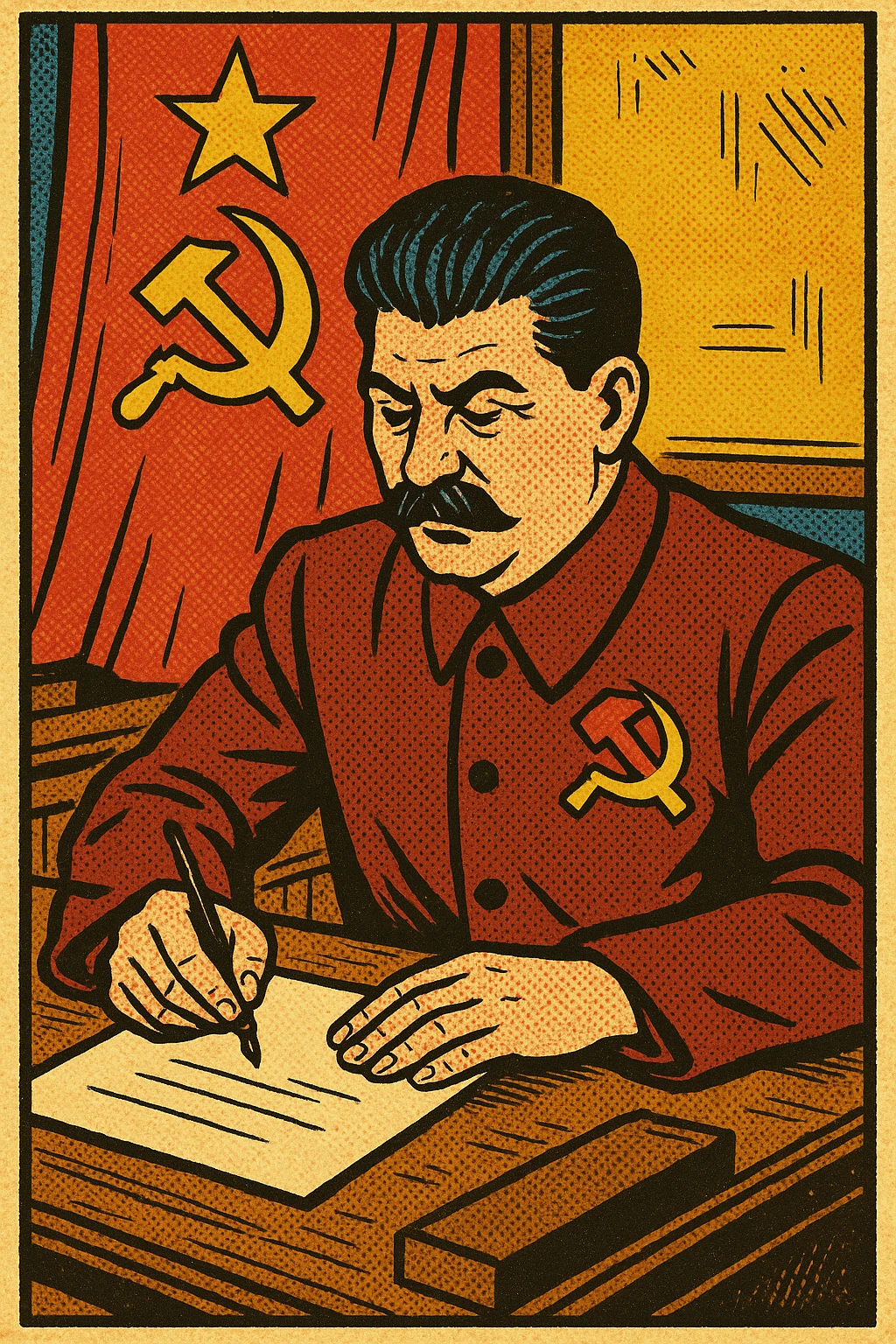 Joseph Stalin wearing a dark red suit with a large communist flag badge sitting down at a desk in his communist office writing a letter.  emoji