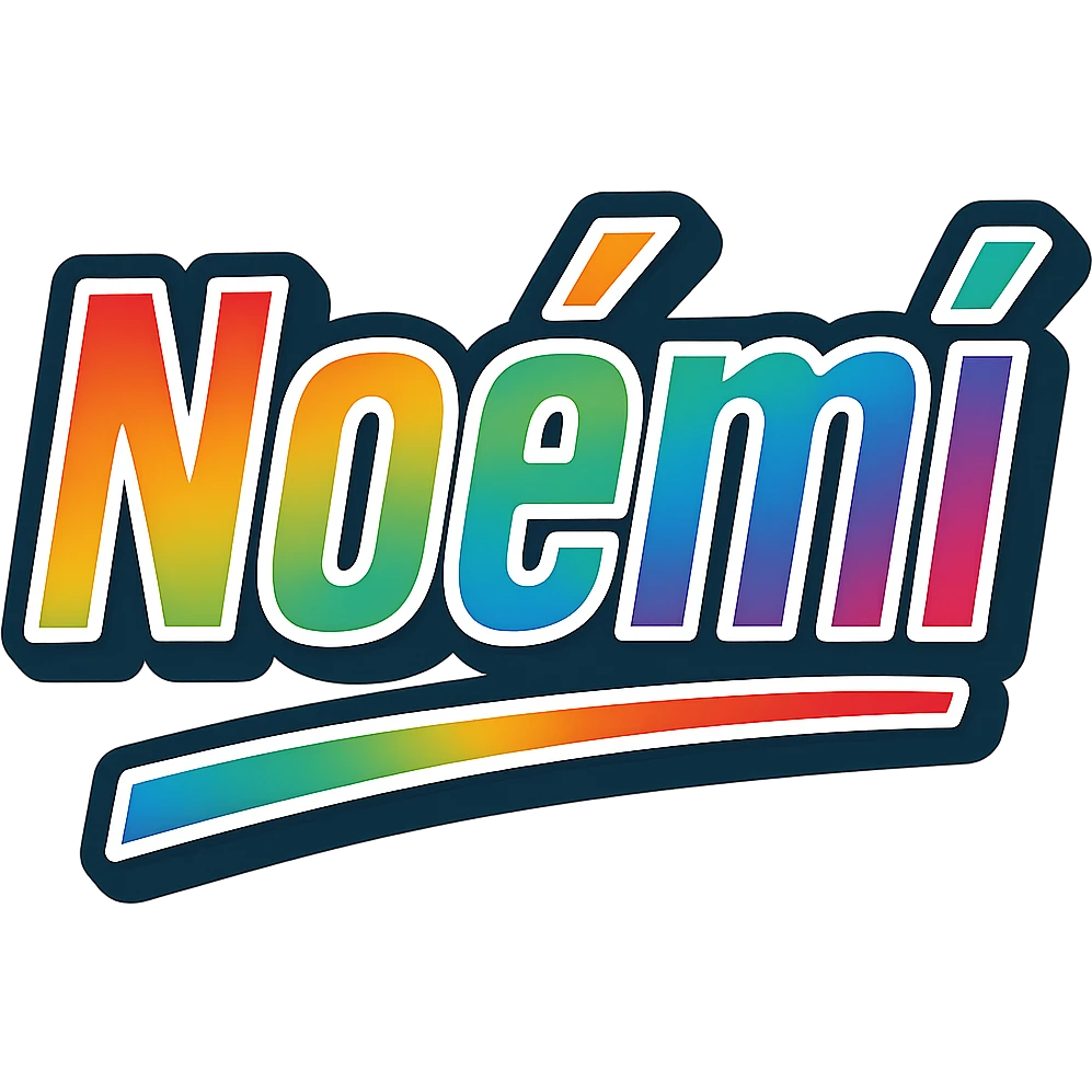 The name 'Noémi' in modern, precise Hungarian letters with a rainbow gradient fill, extra thick white letter border, dark contour, transparent background, dynamic slanted underline, in the style of the reference samples. emoji