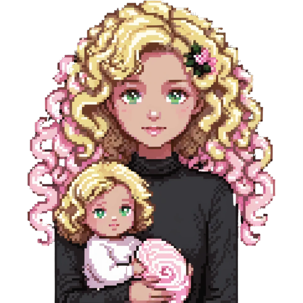 pale girl with curly medium-length blonde hair and baby pink swirls emoji