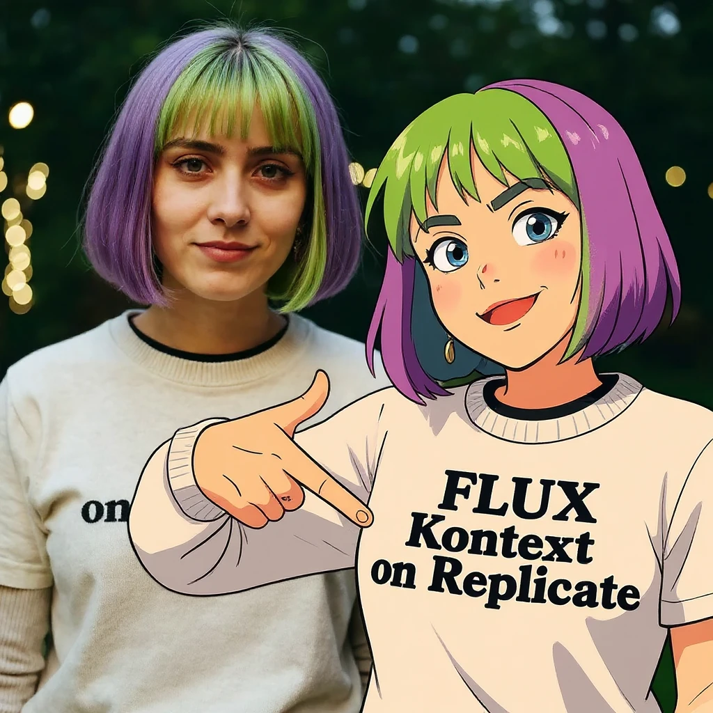 make a image of a girl with a anime version of that girl beside her wearing tshirt with text of FLUX Kontext emoji