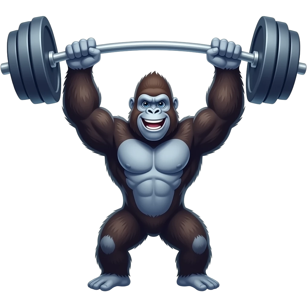 A cute 2D cartoon sticker of a muscular gorilla lifting a heavy barbell, smiling, vibrant colors, white border, flat design, high quality." emoji