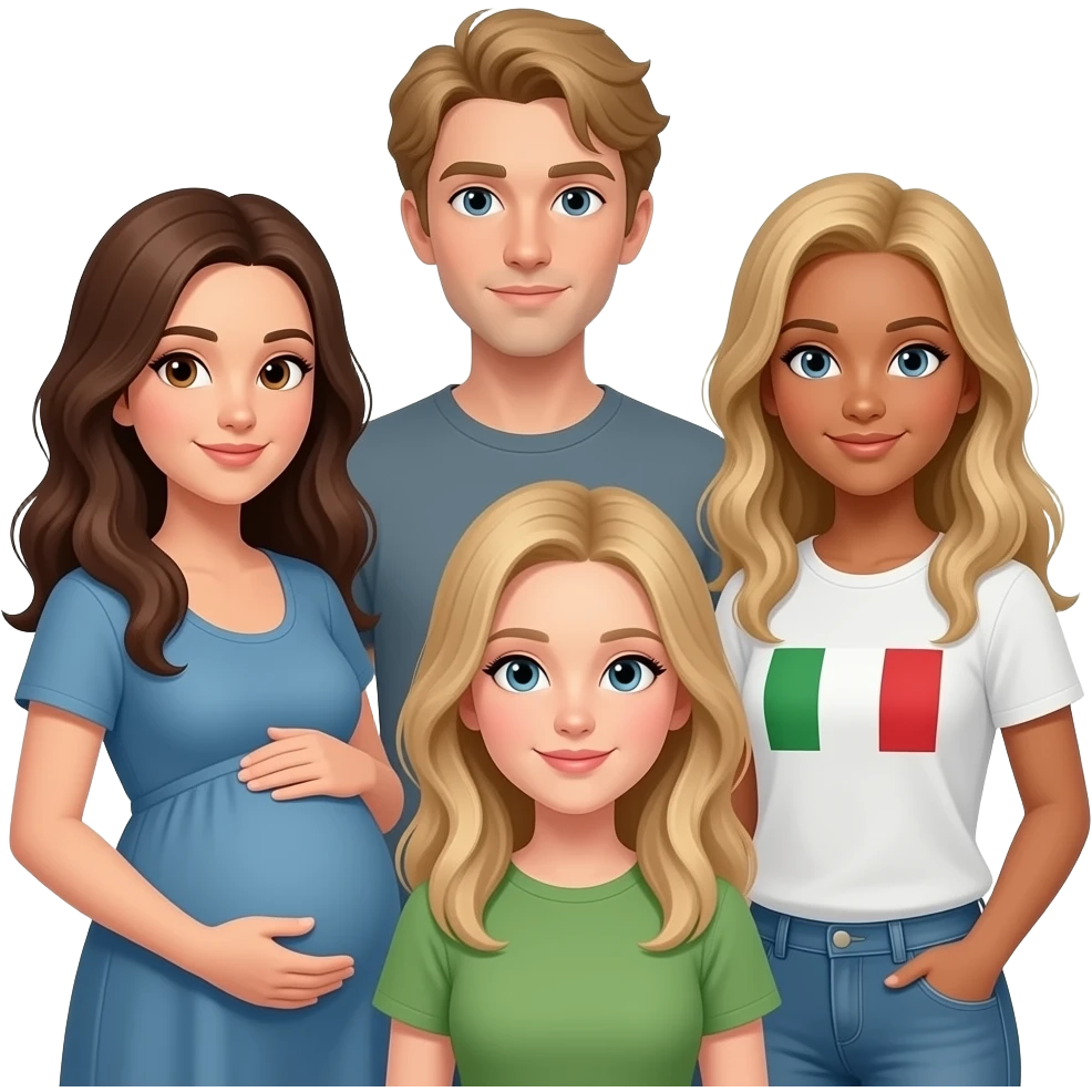 5 friends with long hair : 1 brunette who is pregnant, 1 dirty blonde tall thin, 1 blonde thin, 1 dirty blonde thin, 1 brunette Italian emoji