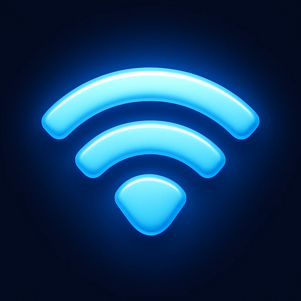 Create a wifi symbol emoji exactly like the reference image in iOS emoji style. Match the same shape, color, and glow effect, ensuring it is smooth and shiny. Add a slight blue blush to the glow. emoji
