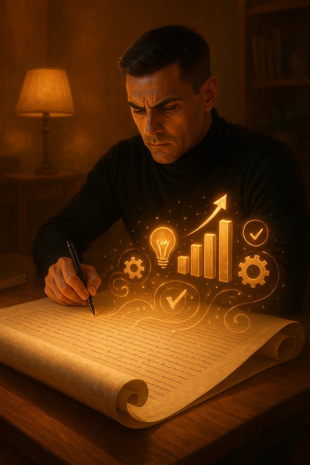 Un uomo concentrato, seduto alla sua scrivania in una stanza con luce calda, sta scrivendo su un enorme foglio di carta che si espande magicamente davanti a lui. Mentre scrive, le parole si trasformano in elementi visivi tridimensionali che rappresentano le soluzioni ai suoi problemi emoji