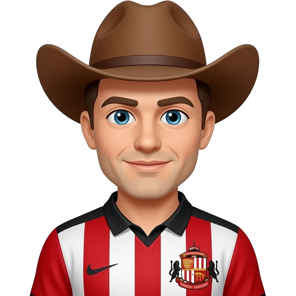 A person with a cowboy hat on 🤠in a Sunderland football kit on with a emoji face emoji