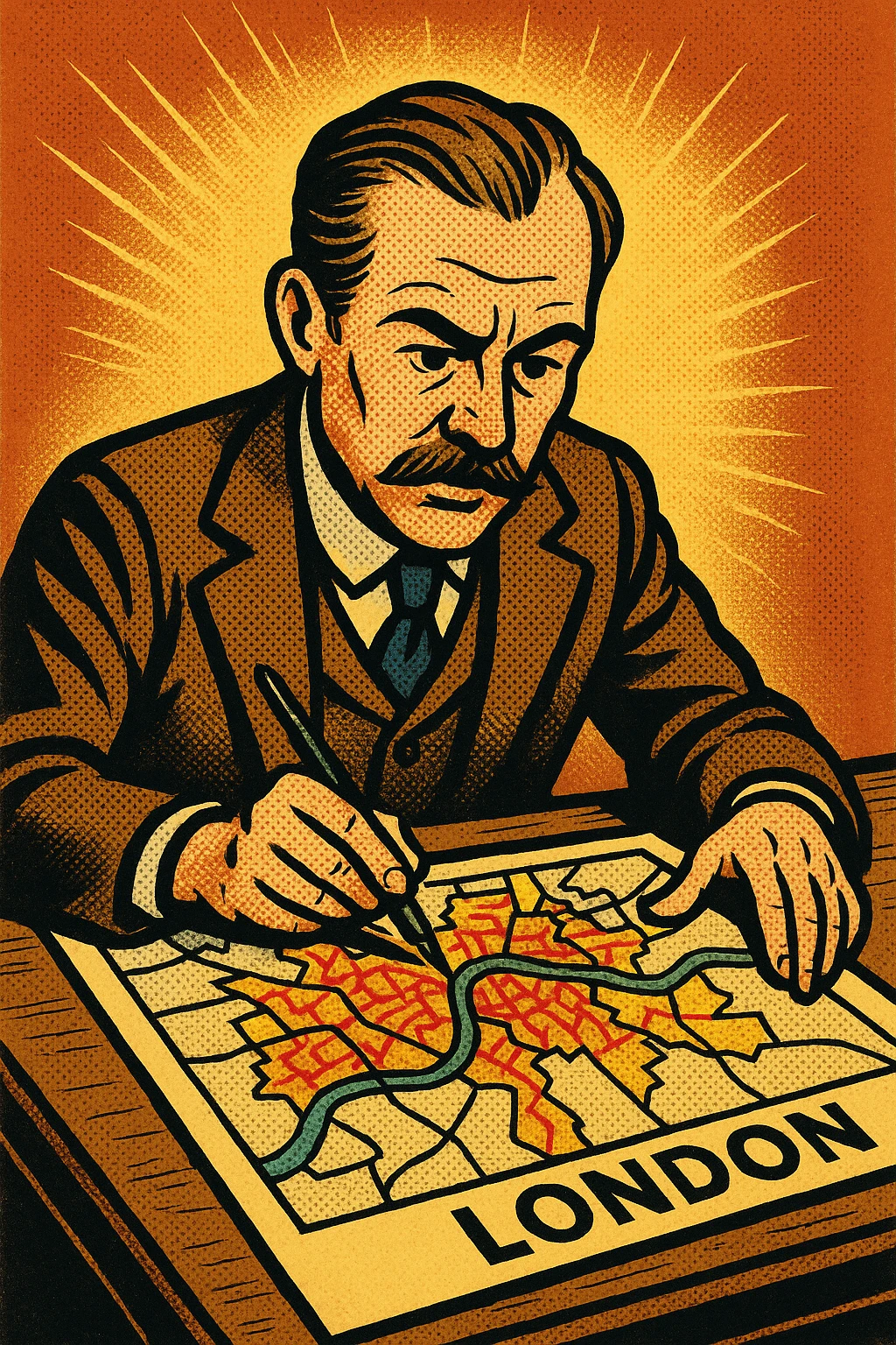 Charles Booth sitting at his desk creating a map of poverty in London emoji