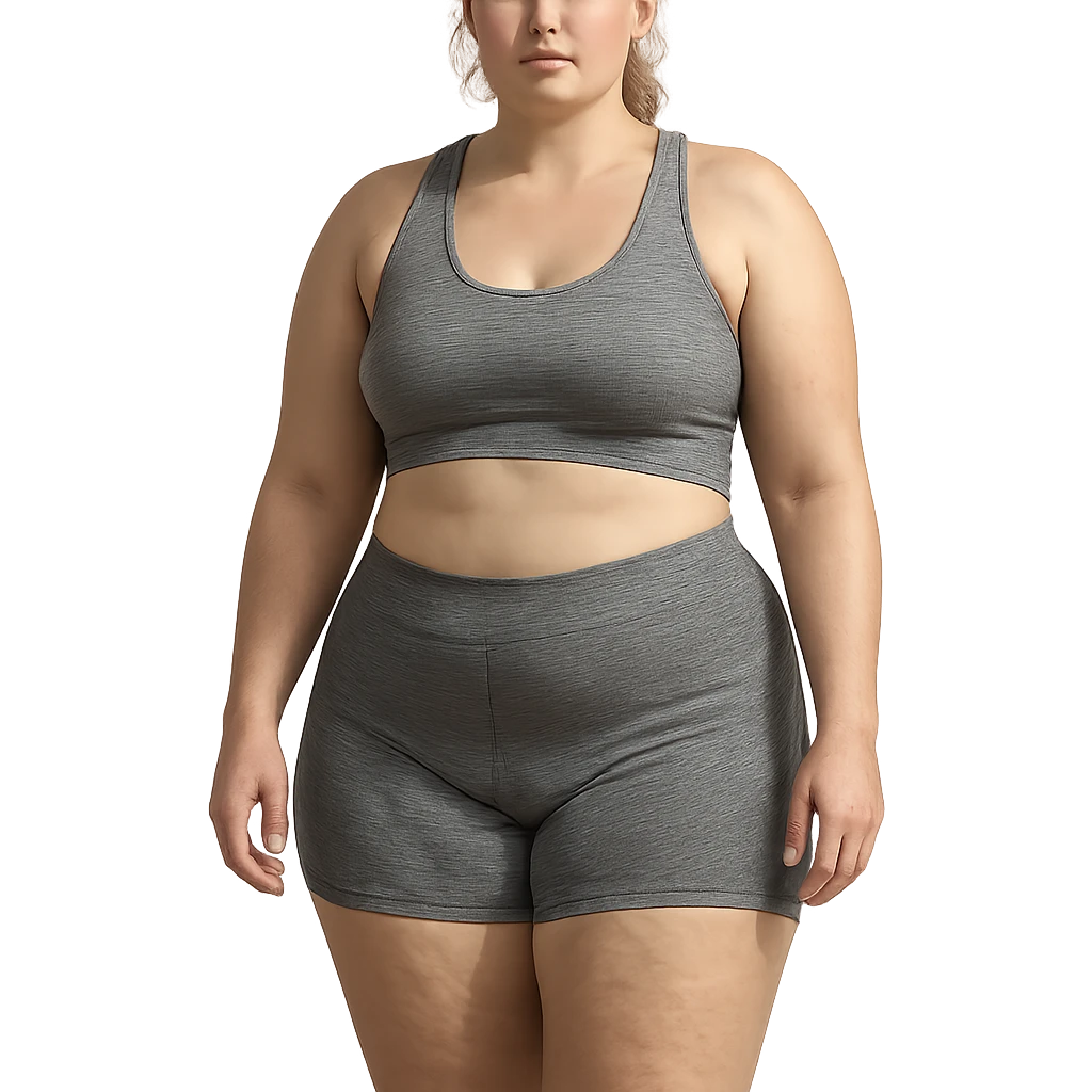 hyper realistic 4K woman in sportswear, fat on thighs and legs, normal physique, skin details, natural light emoji