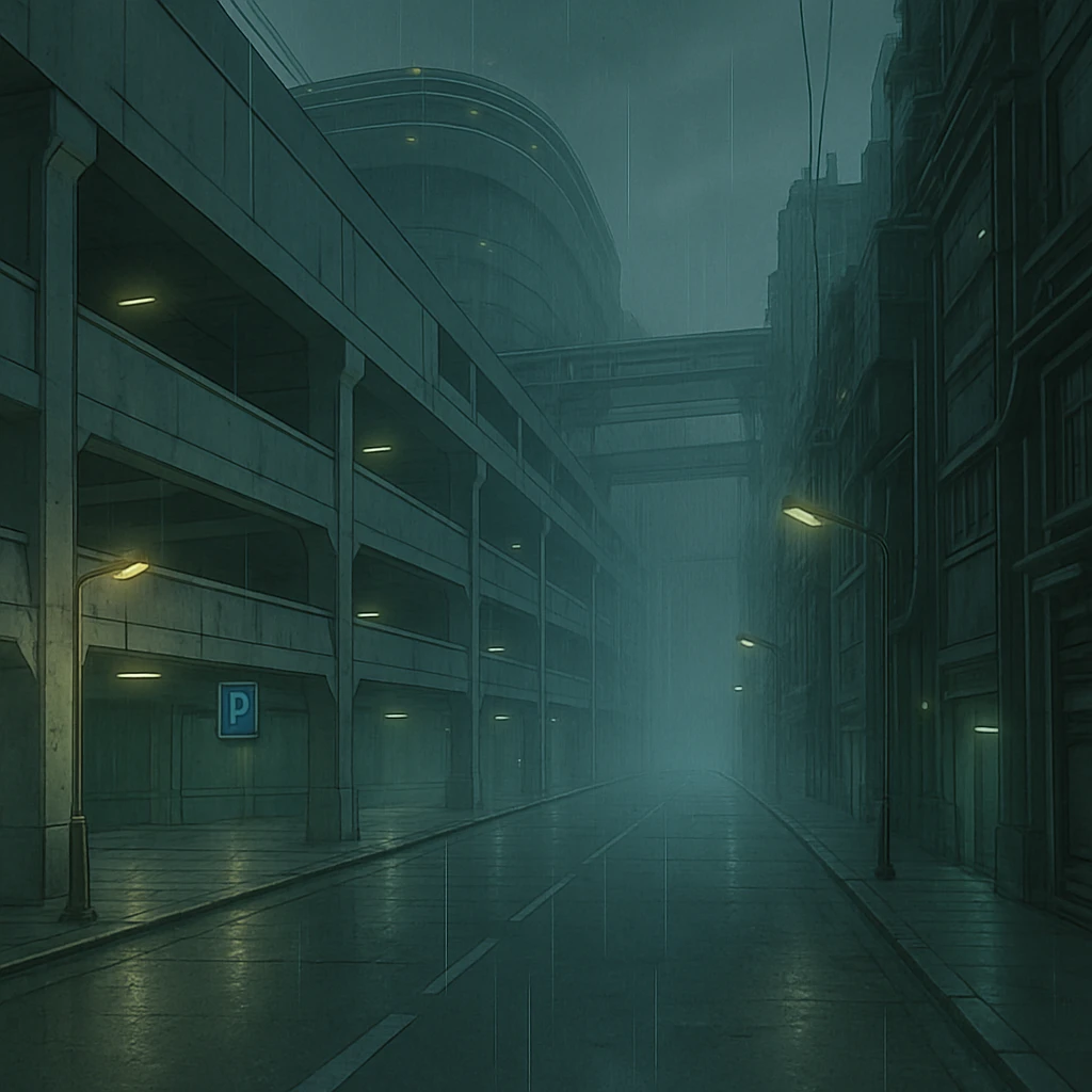 a dark, drab industrial street, dim lights, thick fog and rain. no cars. parking structure. pre-twilight gray. dystopian futurepunk, but the streets are clean, massive structure, very futuristic emoji