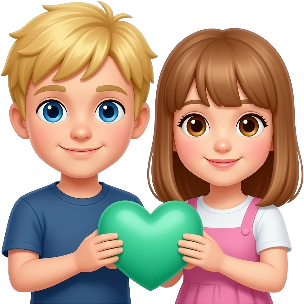 Make a boy with blonde hair and blue eyes and a girl with straight light brown hair with brown eyes hold green/blue heart emoji