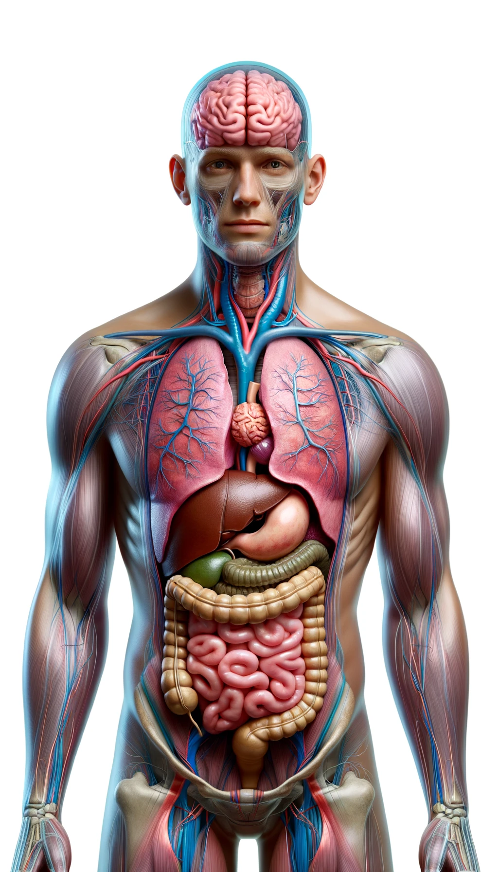 corpo umano anatomico con cervello, intestino e stomaco in evidenza, espressione neutra in volto, posa frontale, iperrealistico 4k, isolato su sfondo bianco emoji