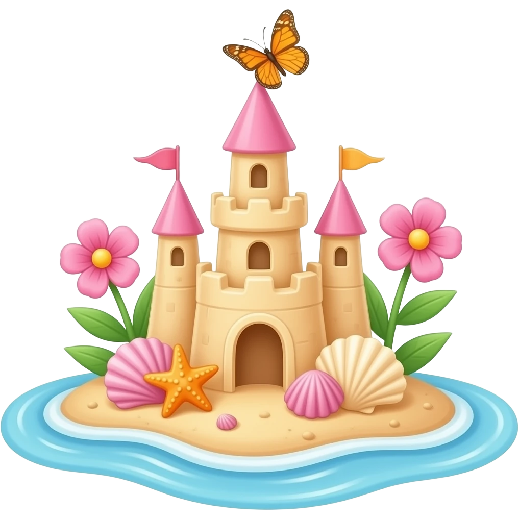Cute pastel sandcastle on a beach, decorated with seashells, starfish, pink flowers, and a butterfly, whimsical fantasy style emoji