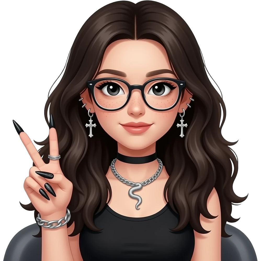 Pale Girl in black, sitting (upper body), long voluminous hair, black eyes with light eyeliner, glasses, subtle freckles. Helix-to-lobe chain earrings with skeleton cross details, small silver snake necklace. Holding a peace sign, long black and silver nails with detailed designs emoji
