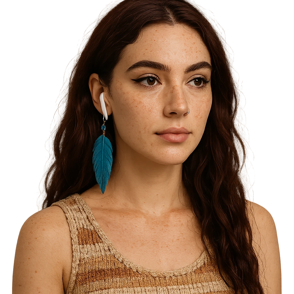Boho-modern young woman: fair skin, freckles, oval face, defined cheekbones, meditative look. Hazelnut brown almond eyes, bold eyeliner, thick arched brows. Long, wavy, deep dark red hair, two loose strands. AirPods, woven boho top in natural colors, blue feather earring, nose piercing right. Calm, creative, artistic, modern. emoji