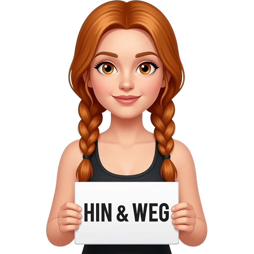 sexy girl with long ginger braids and ginger eyes wearing a black tanktop and is holding a white sign with HIN & WEG written on it emoji