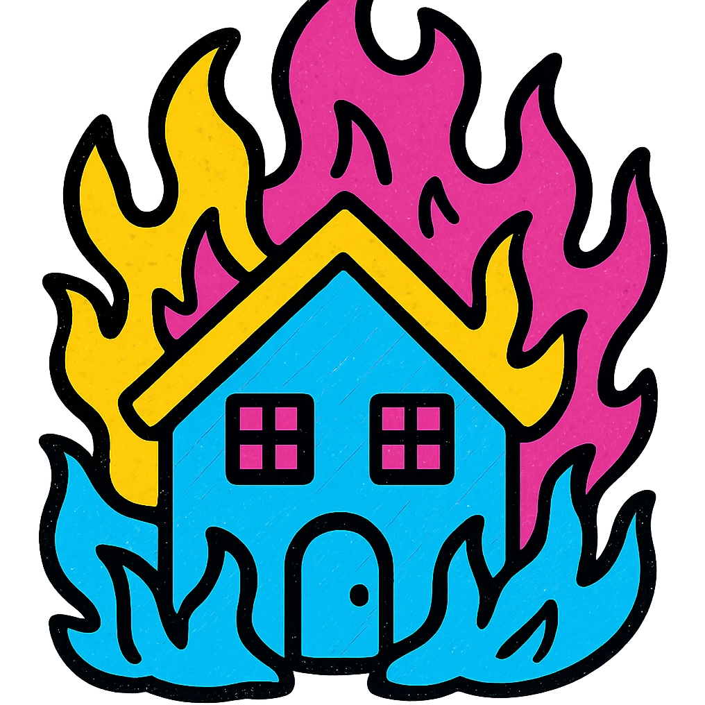 a burning house, dramatic, bold colors, intense flames emoji