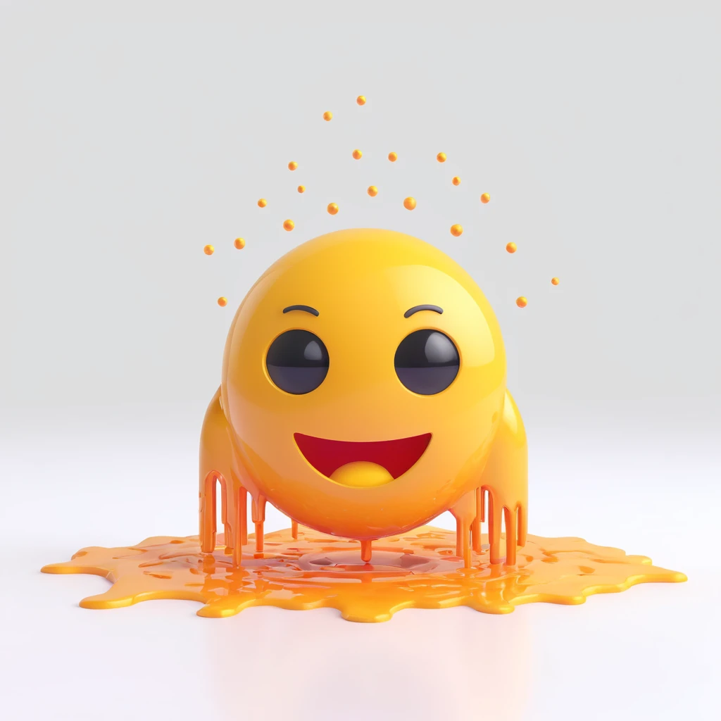 melting emoji face in front of a futuristic AI robot, emoji fading into digital particles, colorful flat 3D icon style, neon colors, white background emoji