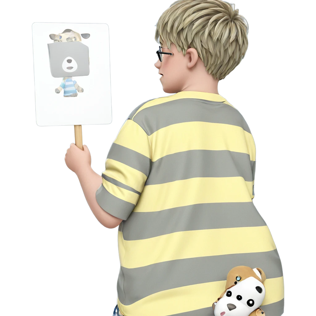 boy in striped shirt with bear emoji