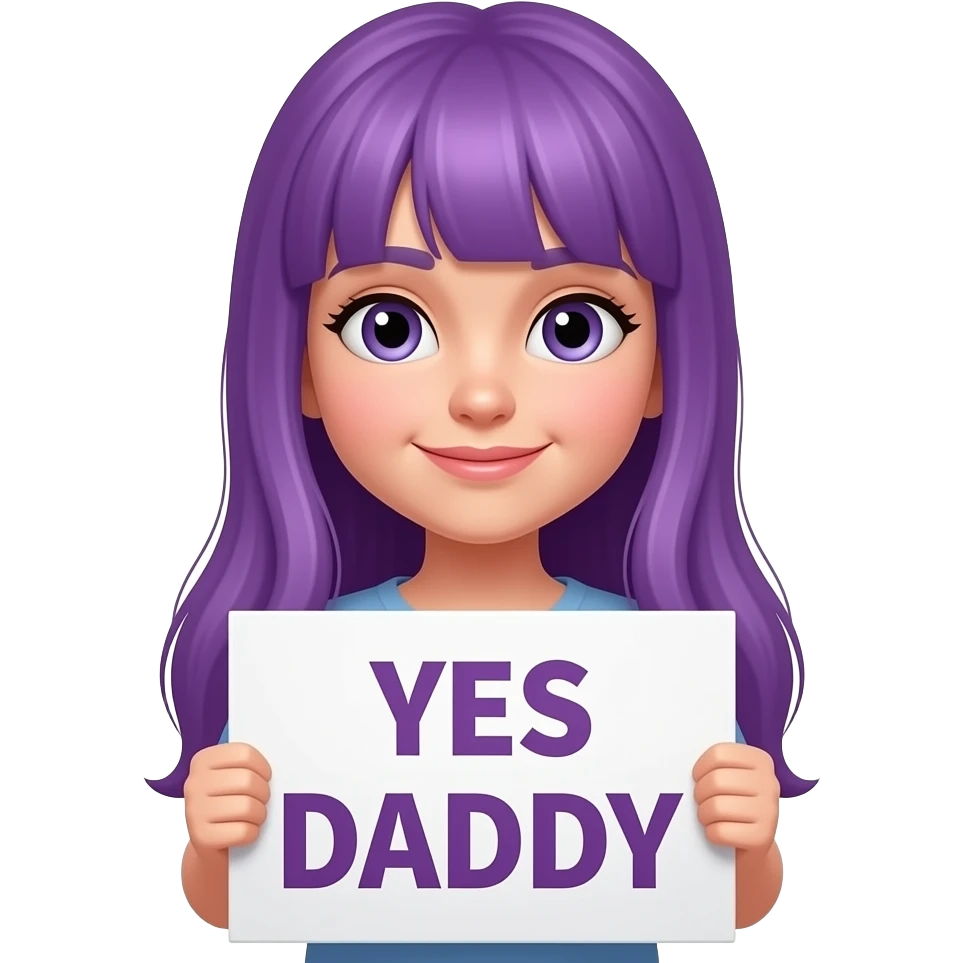 girl with long purple hair with a YES DADDY sign emoji