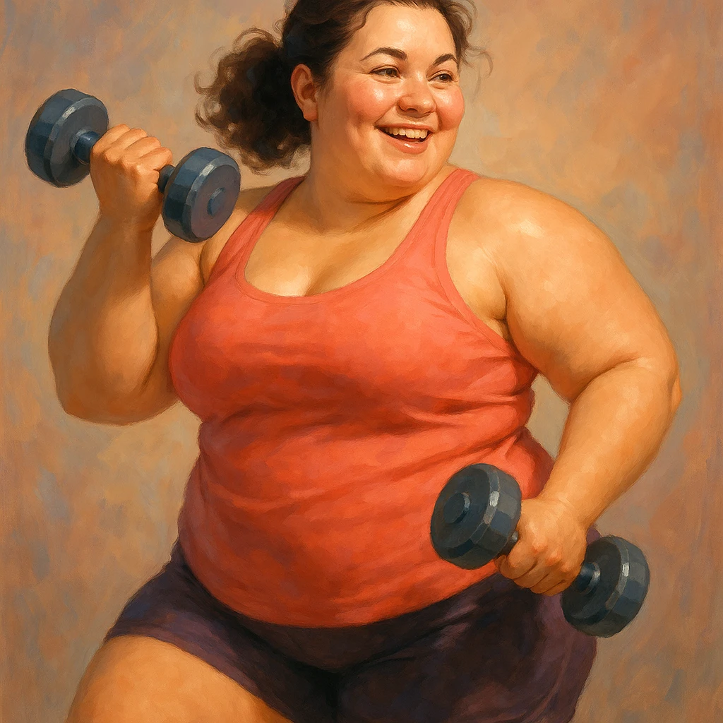 digital painting style chubby woman holding dumbbells, smiling emoji