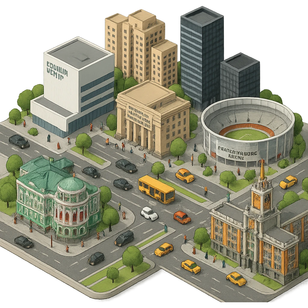 Изометричная миниатюрная фотореалистичная 3D модель Екатеринбурга - Дом Севастьянова, Ельцин-центр, Уральский федеральный университет, дома, Екатеринбург Арена, Штаб-квартира Русской медной компании, Здание Свердловского городского совета народных депутатов, четкие линии, яркие цвета, мультяшный реализм, люди, автотранспорт, компактная композиция, вид сверху в изометрии, прозрачный фон emoji