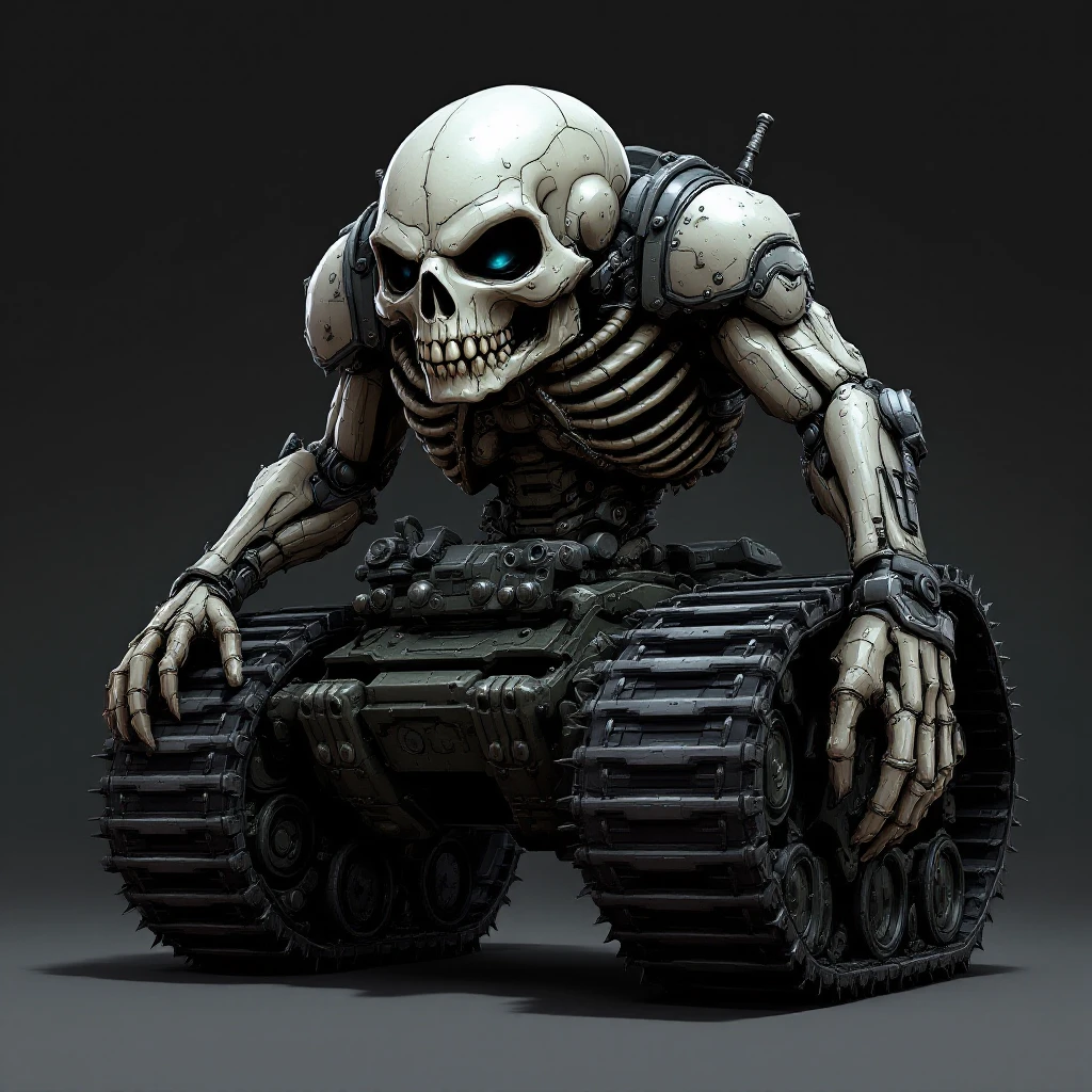 Keep the original skull tank character exactly as shown, but replace its legs with large, meaty tank treads. No Viking elements, no changes to the skull tank's design except for the tank treads. Aggressive, mechanical, battle-ready pose, in flux pro style. emoji