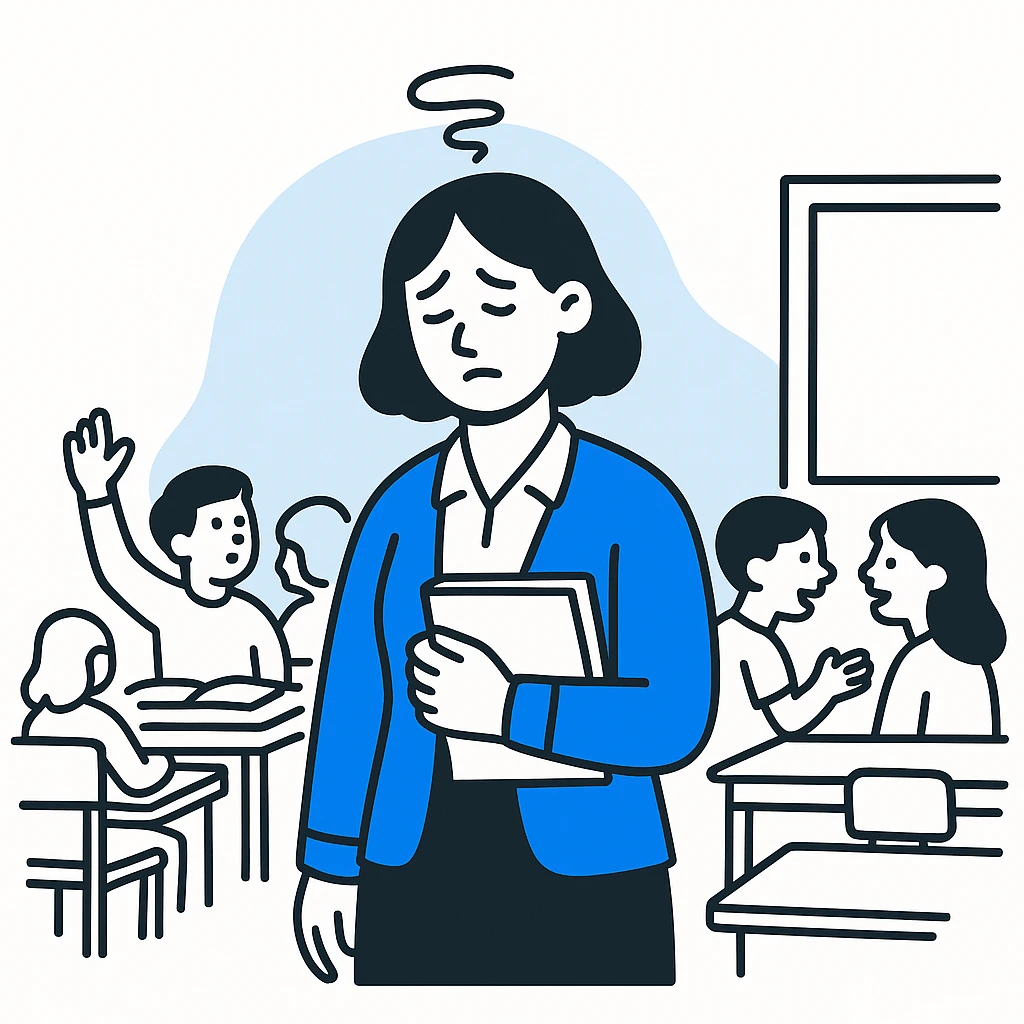 exhausted teacher in a bustling classroom emoji