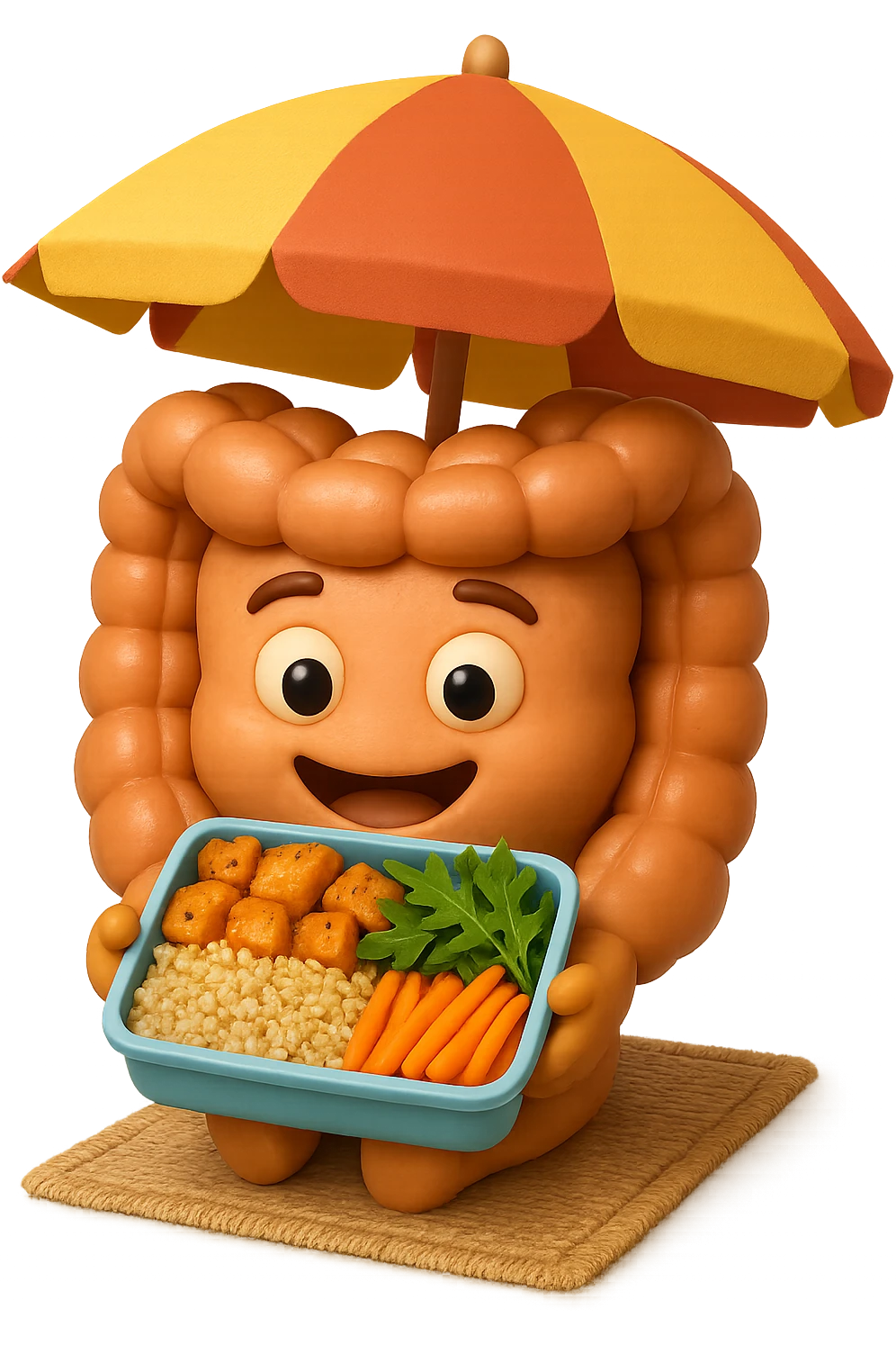 EMOJI STILE IPHONE DI INTESTINO IN SPIAGGIA SU UNA SPIAGGINA SOTTO L'OMBRELLONE CON IN MANO UNA SCHISCETTA DI Insalata di quinoa e pollo con rucola e carote, iperrealistica 4k emoji