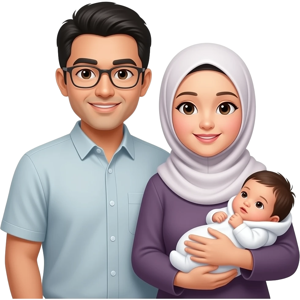 ios emoji Muslim asian family, father with short hair, mother wearing hijab, and a new born baby girl emoji