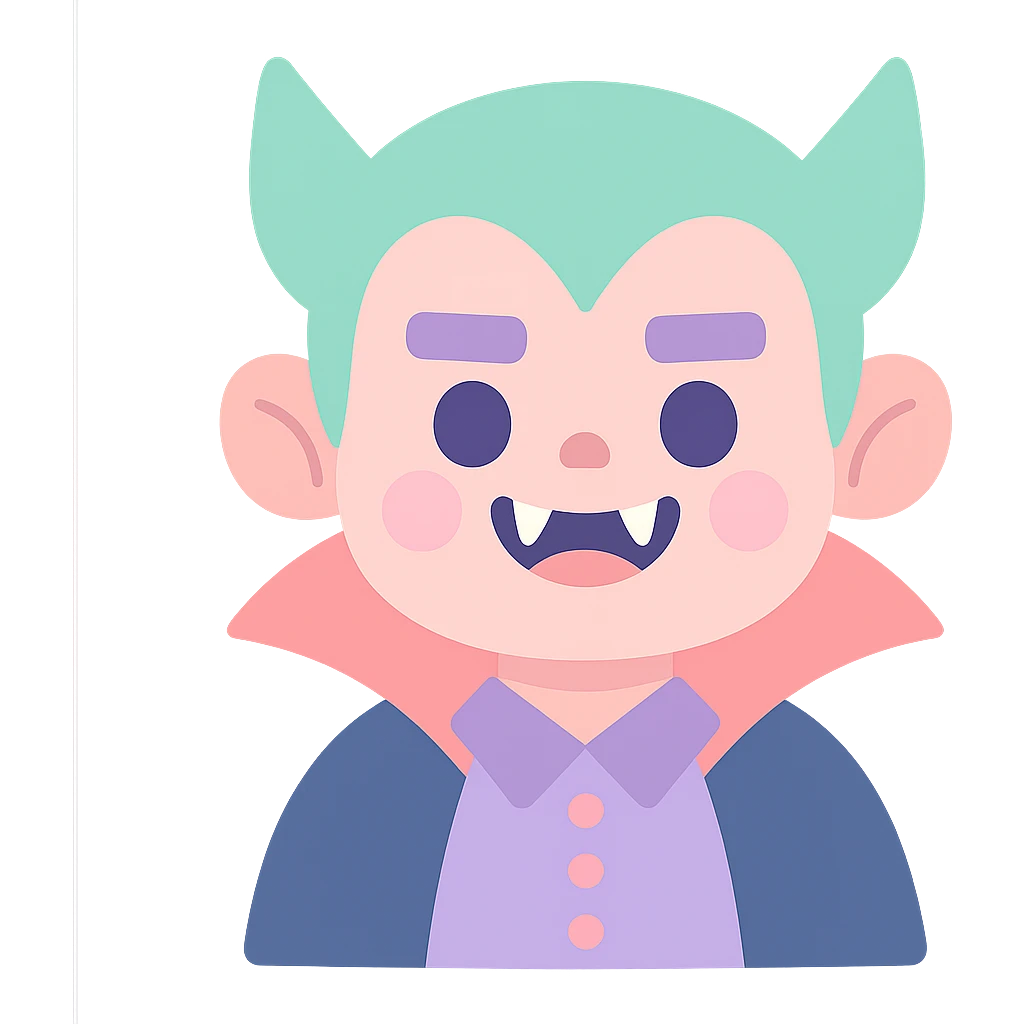 scary cute boy character, pastel colors, fangs, friendly expression emoji