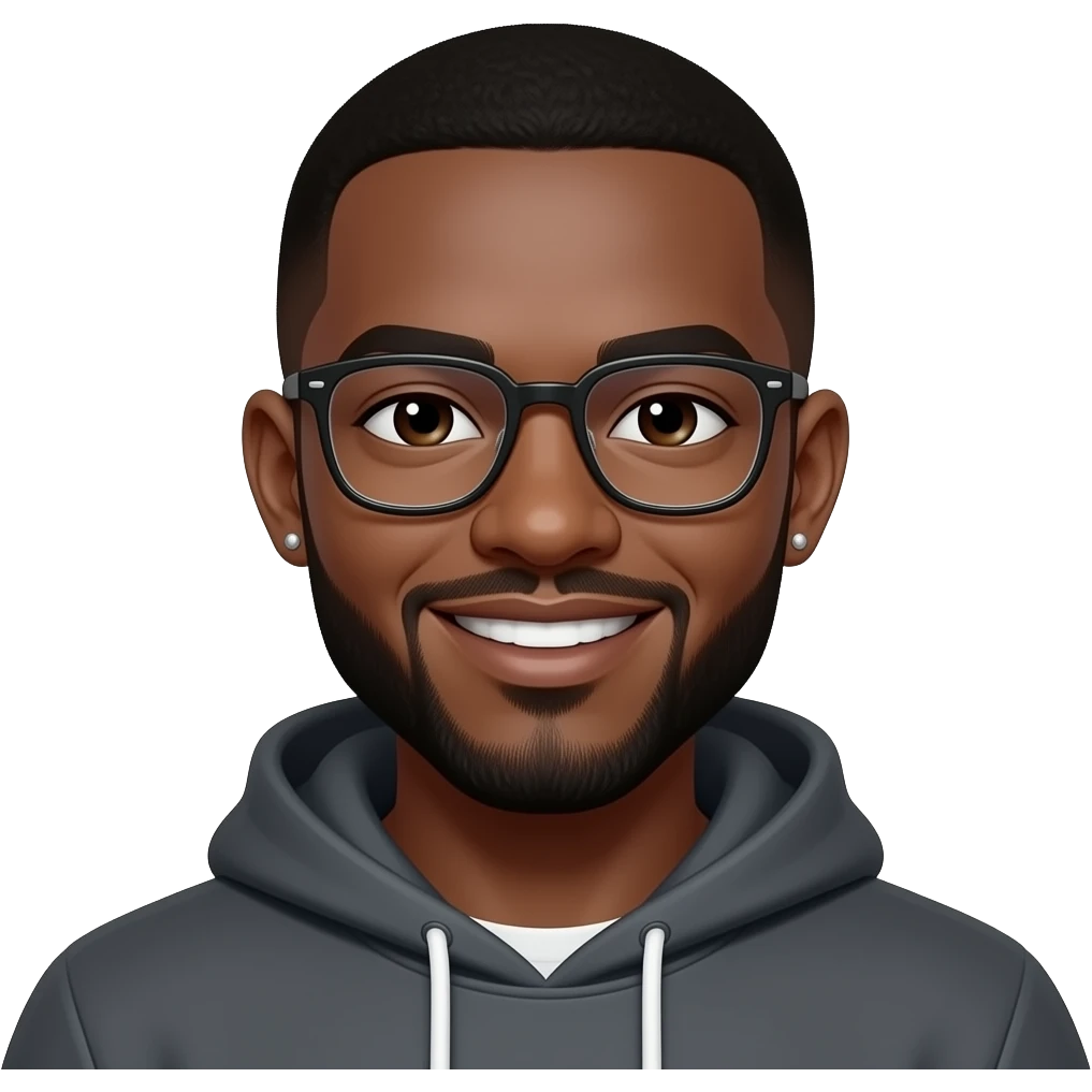 caramel skin black man in his 20s with buzzcut. dark brown eyes. beard. glasses. smiling. wearing a hoodie. stud earrings. emoji