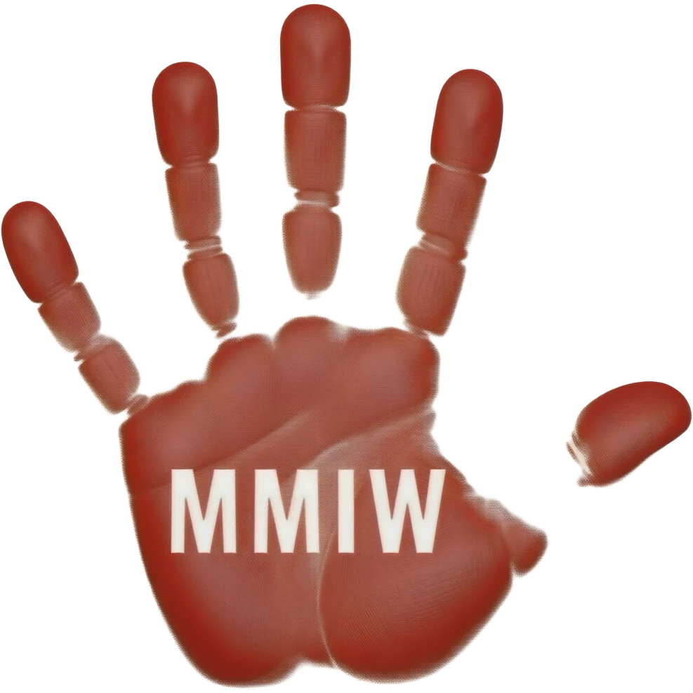 red hand print with the word MMIW in white on palm emoji