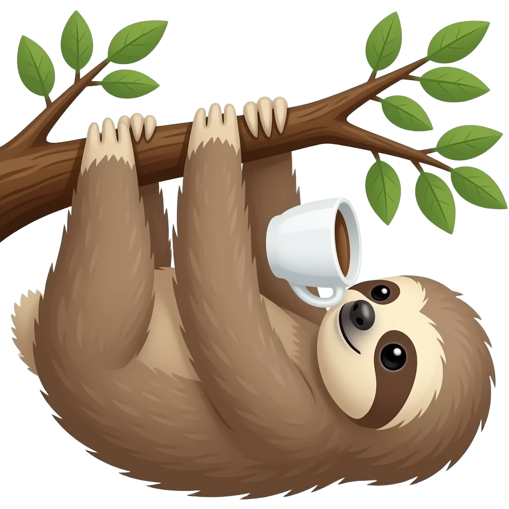 sloth morning coffee on the tree upside down hanging from a tree emoji