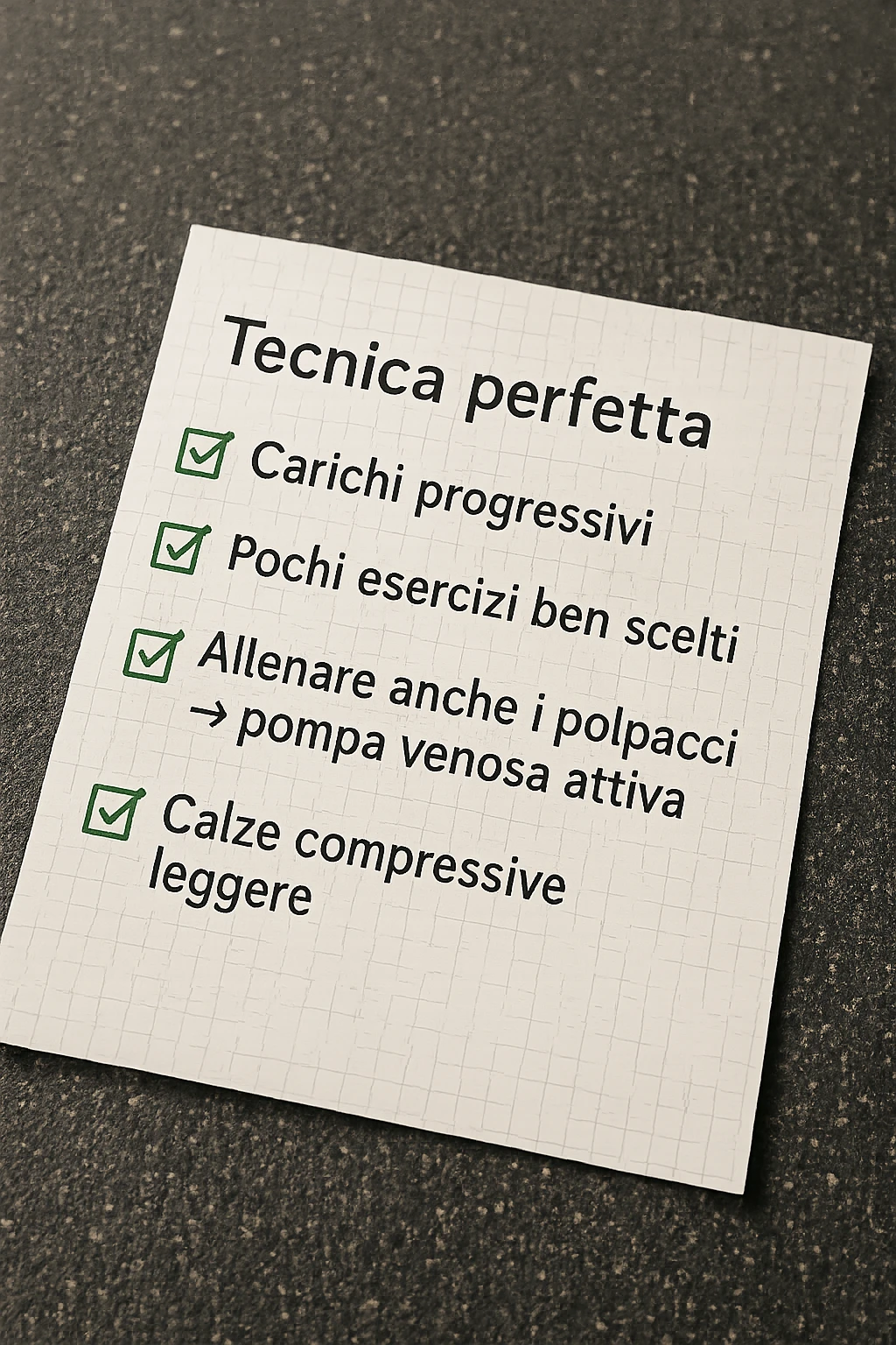 FOGLIO DI CARTA PER L'ALLENAMENTO IN PALESTRA CON LA SCRITTA "Tecnica perfetta
 ✅ Carichi progressivi
 ✅ Pochi esercizi ben scelti a seduta
 ✅ Allenare anche i polpacci → pompa venosa attiva
 ✅ Calze compressive leggere" , IPERREALISTICA 4K emoji