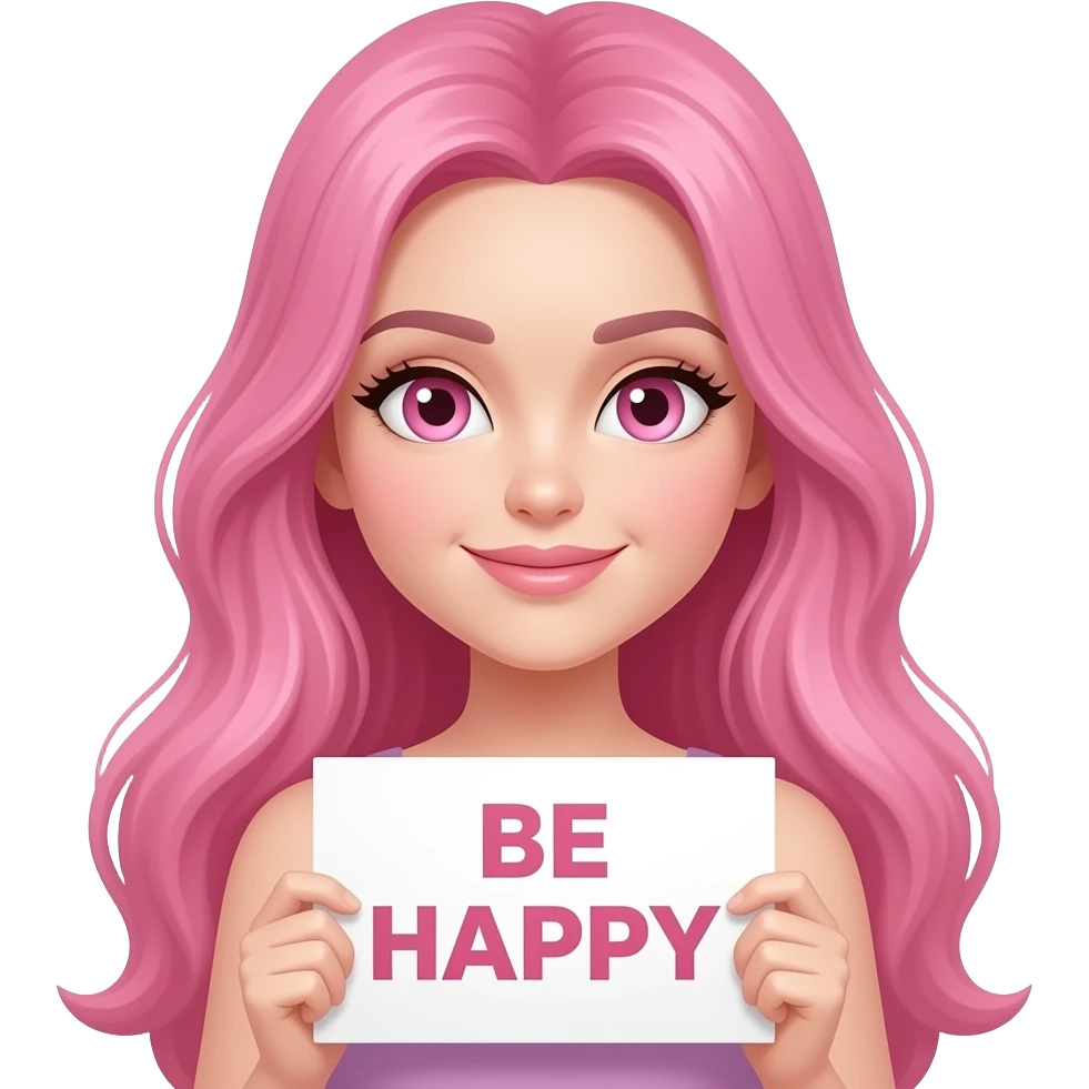 sexy girl with long pink hair and pink eyes holding BE HAPPY sign emoji
