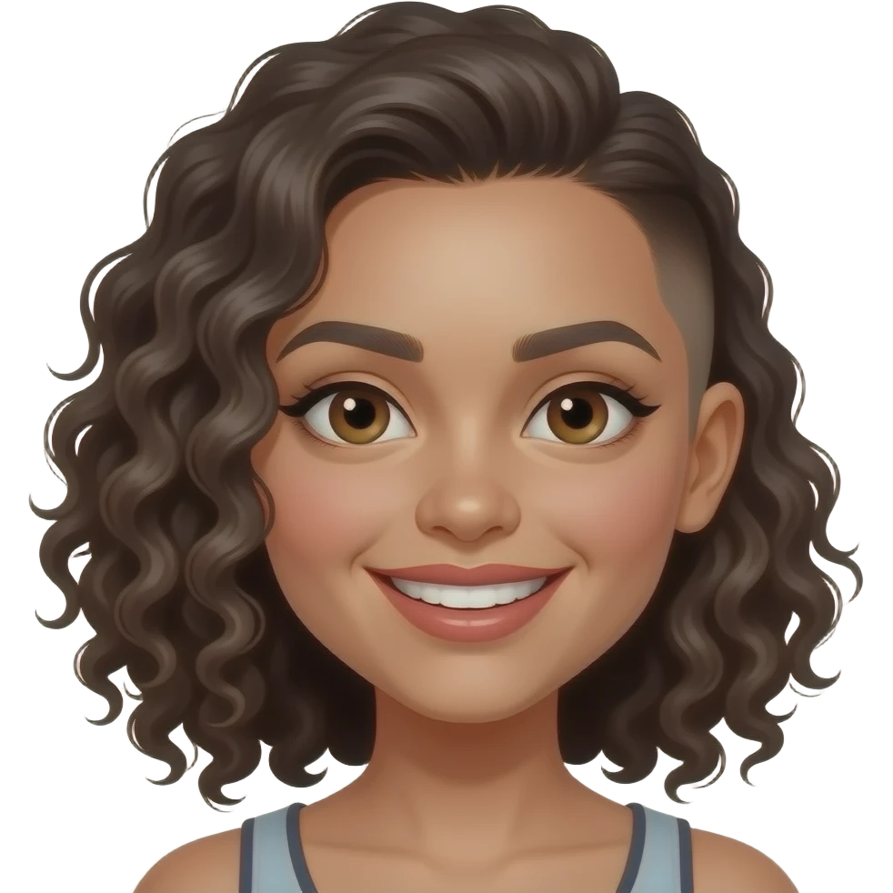 Mexican girl brown eyes with only one side of hair thats curly and the other side she has a buzz cutand make sure that it looks like a girl and a big forehead with lip gloss and a widebig creepy smile emoji