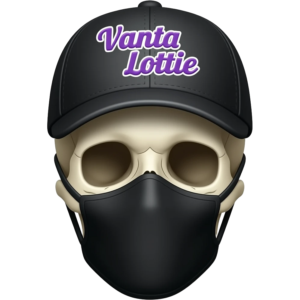 A skeleton head thats wearing a black baseball cap that says "Vanta Lottie" with purple lettering and white bordering, with no hair, with a black mask over the teeth area emoji