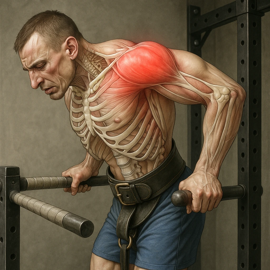 Hyperrealistic 4K anatomical illustration of a man performing a dip on parallel bars in a lateral position as in the reference image. Expression of discomfort, shoulder area with signs of inflammation and swelling. Muscles and bones highlighted, gym atmosphere. Variant 6. emoji