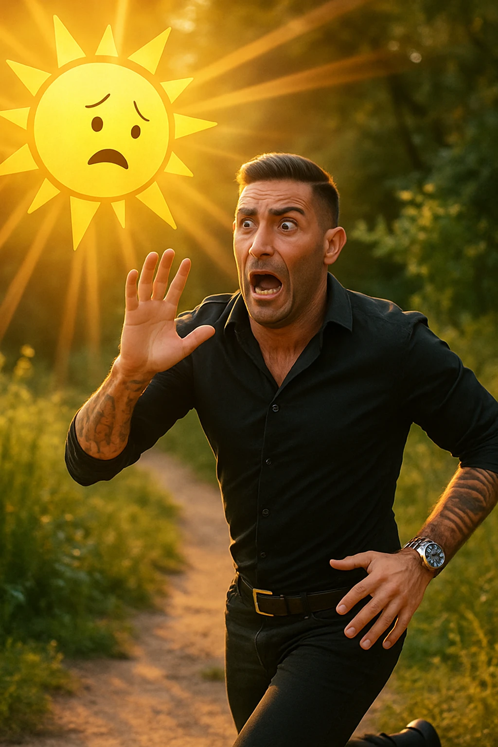 Uomo che corre via dal sole spaventato perchè pensa sia nocivo realistica emoji
