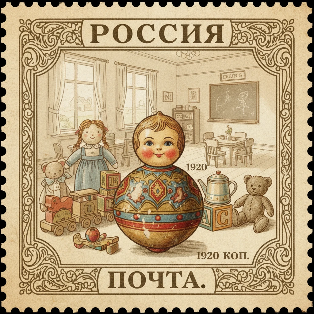 Сделай марку на которой изображены игрушки детского сада, на первом плане - неваляшка 1920-х годов

Стиль марки такой же, как на прикрепленном фото emoji